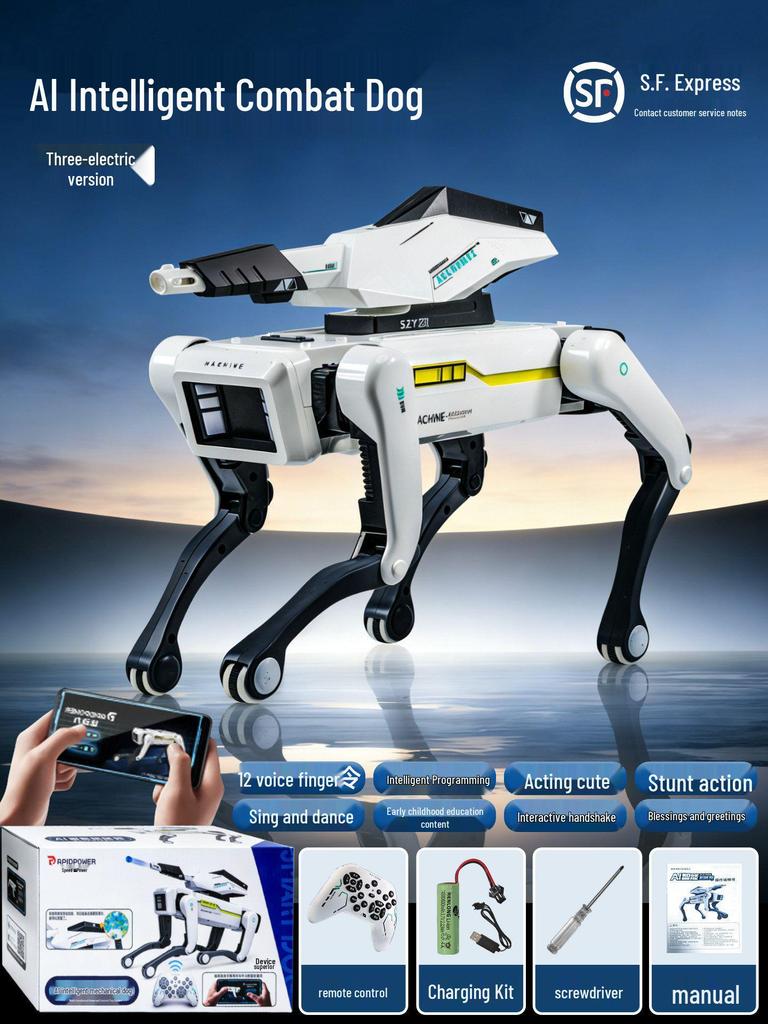 Smart AI Robot Dog with Voice Dialogue, Remote Control, Call Function, Item Pickup & Cannonball Shooter