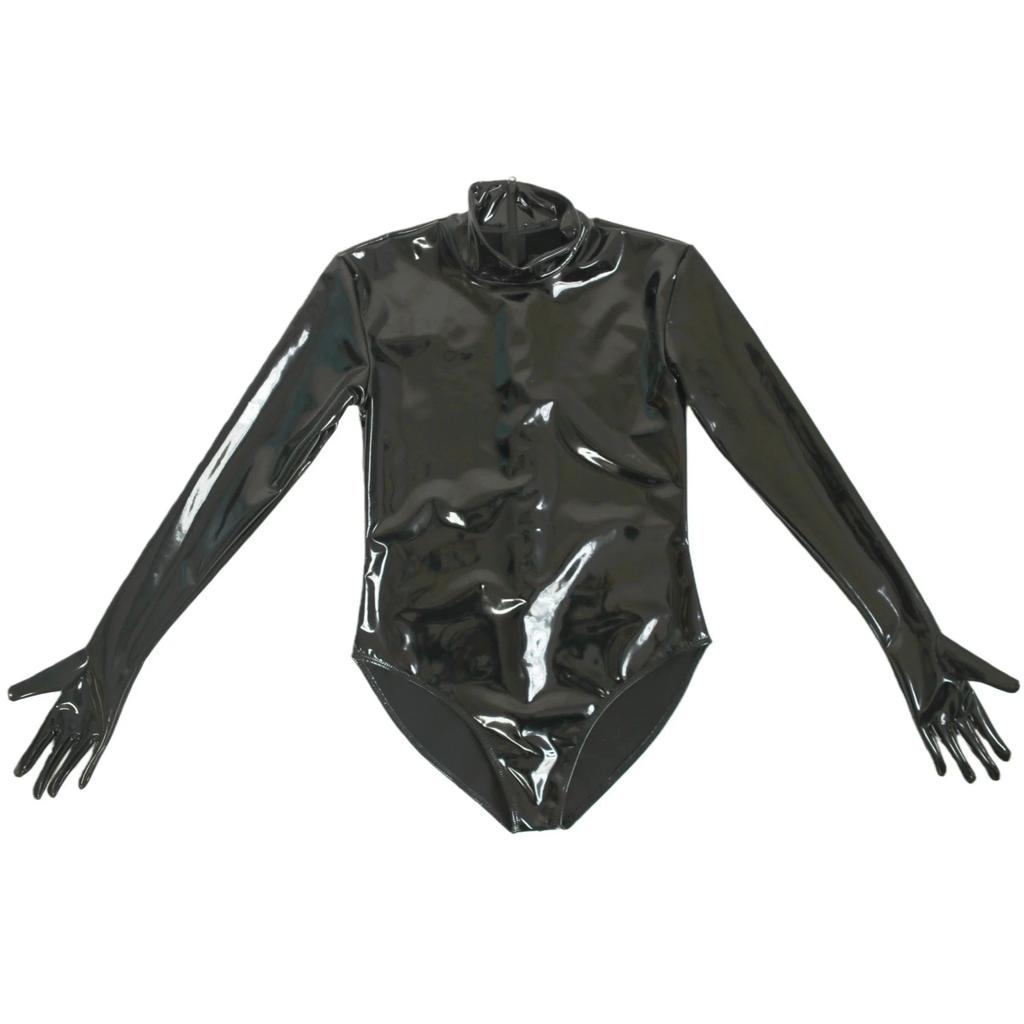 Sexy Women Glove Sleeve Latex Bodysuit High Cut Bodysuit Low Brest Shaper Tights Elastic Home Pu Leather Leotard Maid Leotard