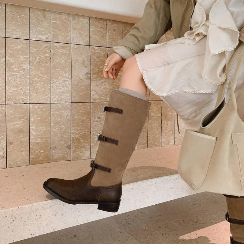 Autumn and winter women's leather tall boots solid color versatile medium heel large size women's boots rubber soft sole big tube circumference Ma