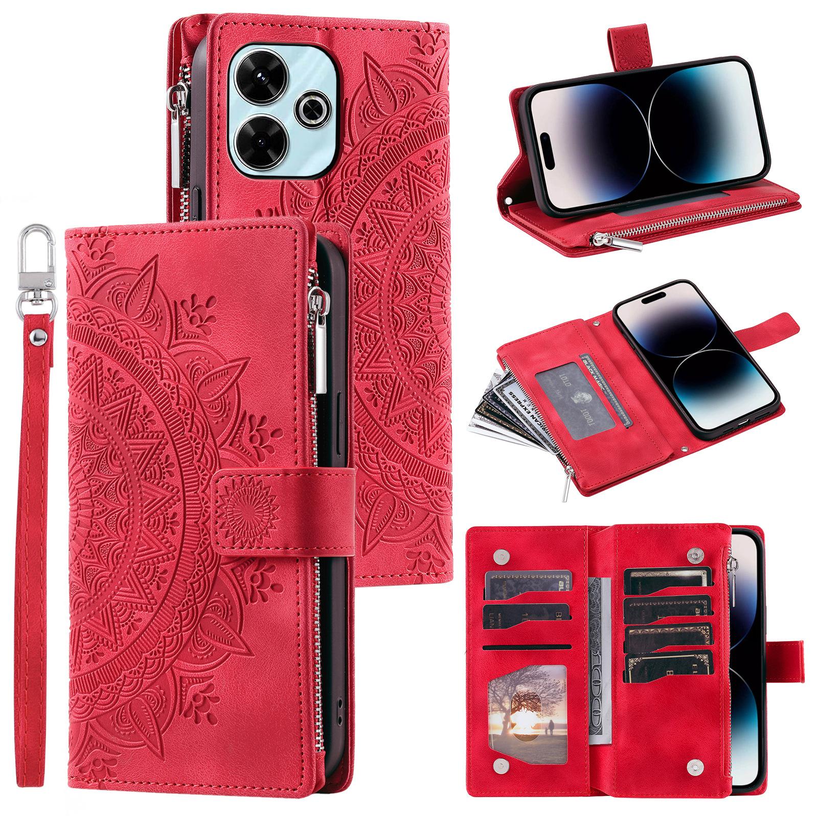 

Style 006 For Xiaomi Redmi 13 5G/4G Wallet Case PU Leather Phone Cover Mandala Flower Pattern Red