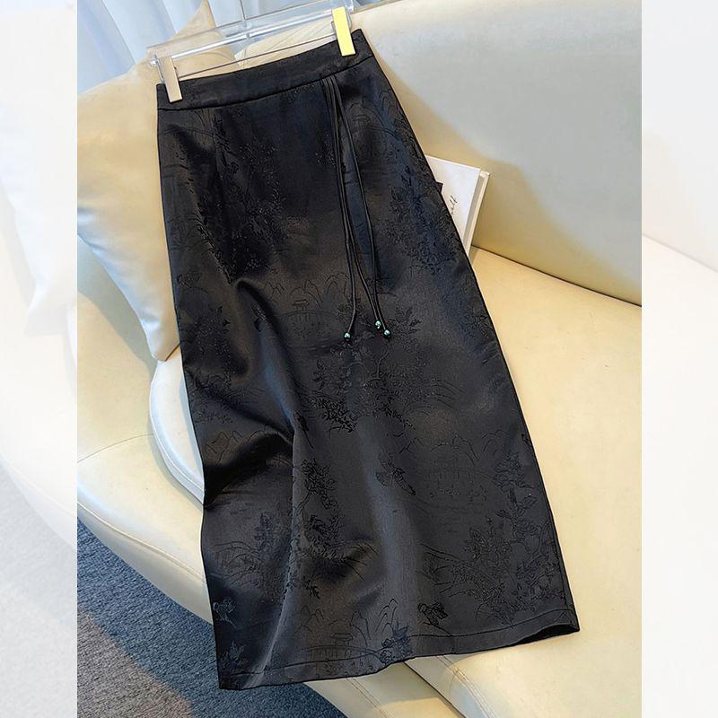 Summer 2025 High-Waist Chinese Style Embroidered A-Line Bodycon Midi Skirt for Women