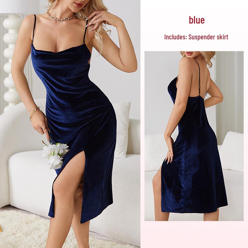 Fiyun Elegant Velvet Nightgown with Sexy Slit and Backless Design - European & American Style Home Set 651