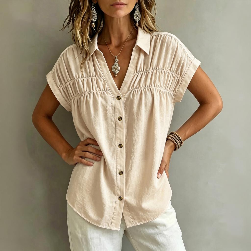 Women's V Neck Loose Fit Button Down Shirt Short Sleeve Wrinkled Front Casual Blouse Lightweight Summer Top