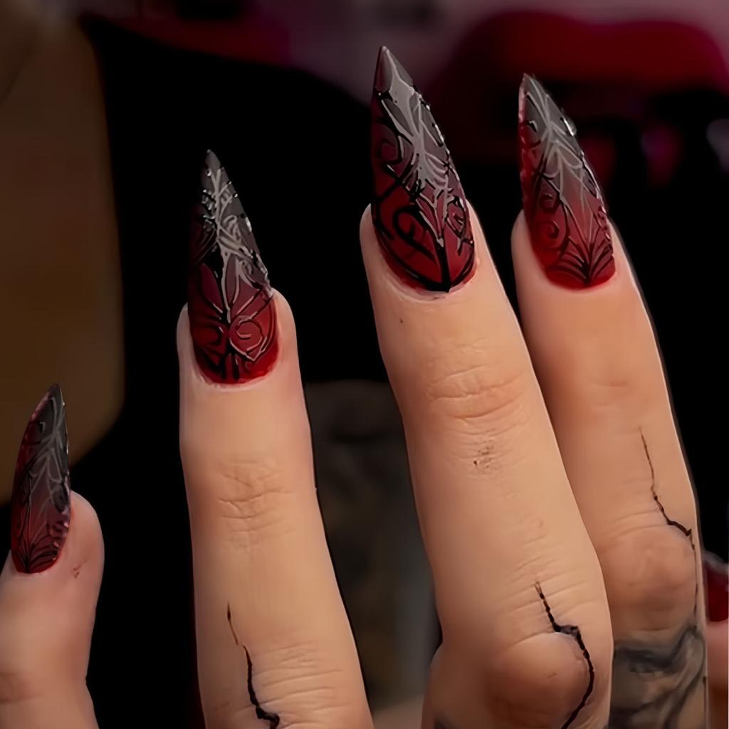 24 Pcs Black Long Almond Press On Nails Halloween Ghost Pumpkin Pattern Stiletto Fake Nail Tips