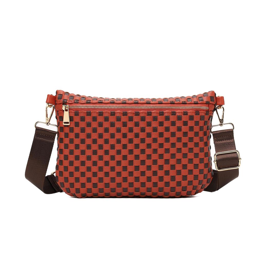 Versatile and Lightweight Single Shoulder Waist Bag with Grid Pattern Woven Mobile Phone Bag, Large Capacity Women's Crossbody Bag