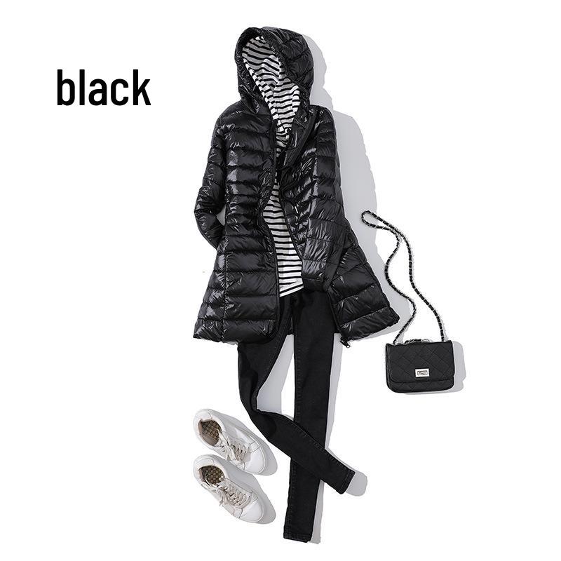 Women's Mid-Length Lightweight Hooded Down Jacket - 2025 Autumn/Winter Slim Fit Plus Size Outerwear
