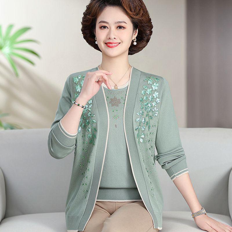 

Платье из вязаного свитера Новинка Легче всего сочетать Футболка с коротким рукавом Кардиган Костюм Для женщин среднего и пожилого возраста Весенне-осенняя одежда Green L((Recommendation 52.50 kg-57.50 kg)