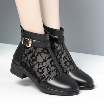 Soft Leather Mesh Boots Women's Thick Heels Low Heels Hollow Mesh Sandals New Women's Shoes Breathable Oversized Comfortable 43
