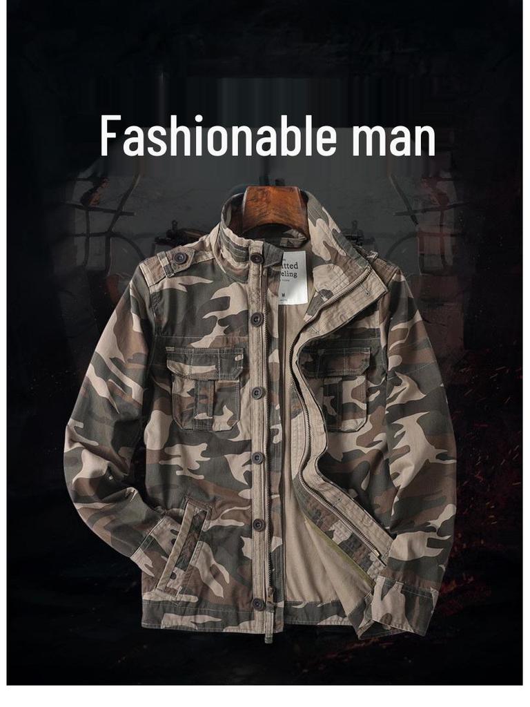 Herren Grün Camouflage Retro Jacke mit Reißverschluss - Lockerer Schnitt, Ideal für Frühling & Herbst