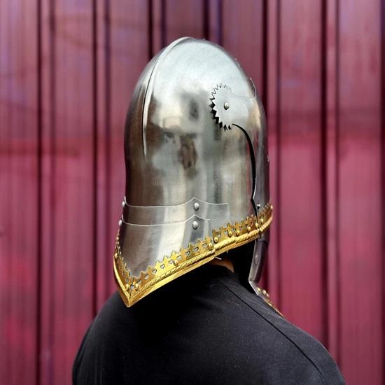 Medieval German Gothic Sallet Helmet 18 Gauge Steel with Brass Trim Knight Armor Helmet for LARP, Cosplay Reenactment