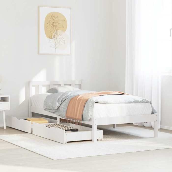 VidaXL Bed Frame with Drawers White 75x190 Cm Solid Pine Wood, Slatted Base, Single Bed Frame, Wooden Bed Frame 3301460
