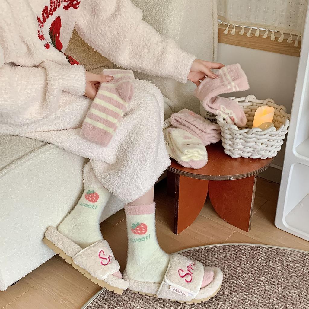 Pink Mink Fleece Socks Winter Thickening Comfortable Plush Mid Socks Thick Warm Cute Strawberry Bunny