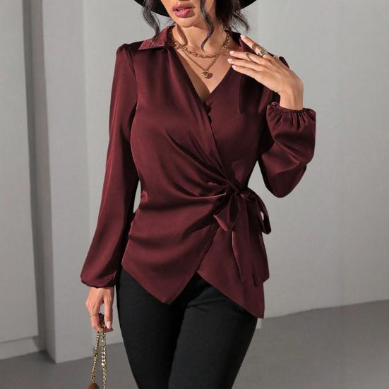 Damesblouse Kraag Lange Mouw Zijdelings Vetersluiting Taille Ontwerp Blouse Tops Slim Fit Effen Kleur Kantoor Damesblouse Feest Vakantie Kleding