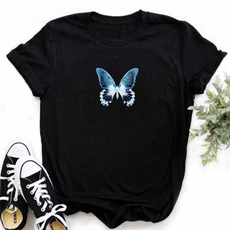 Summer Butterfly Print Plus Size Loose Round Neck Pure Cotton Short Sleeved Top T-Shirts Women’s Tees
