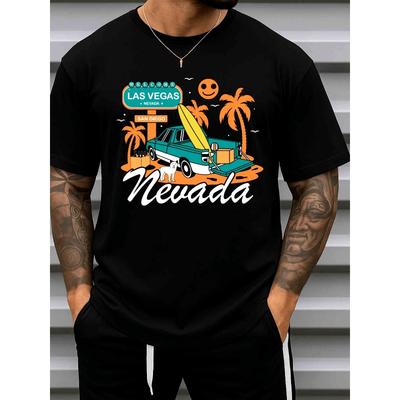 Europäische Größen Herren Las Vegas Nevada T-Shirt Schwarz mit Rückenaufdruck Streifen-Design - Lockere Passform Lässiges T-Shirt für Freizeitkleidung