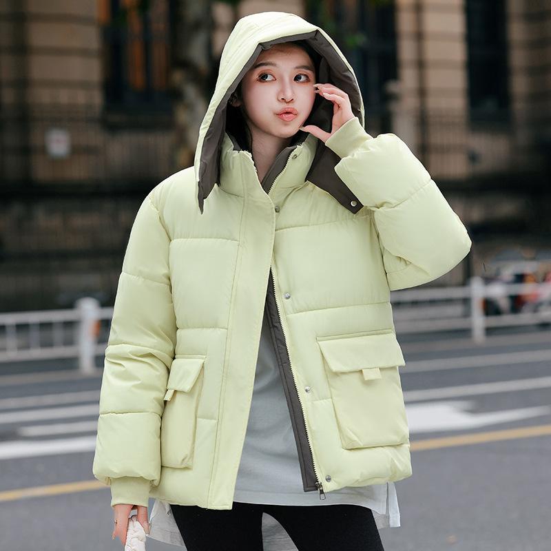 Contrast color cotton-padded clothes Women's short loose student bread clothes Winter new hooded cotton-padded jacket Girlfriend cotton-padded clothes