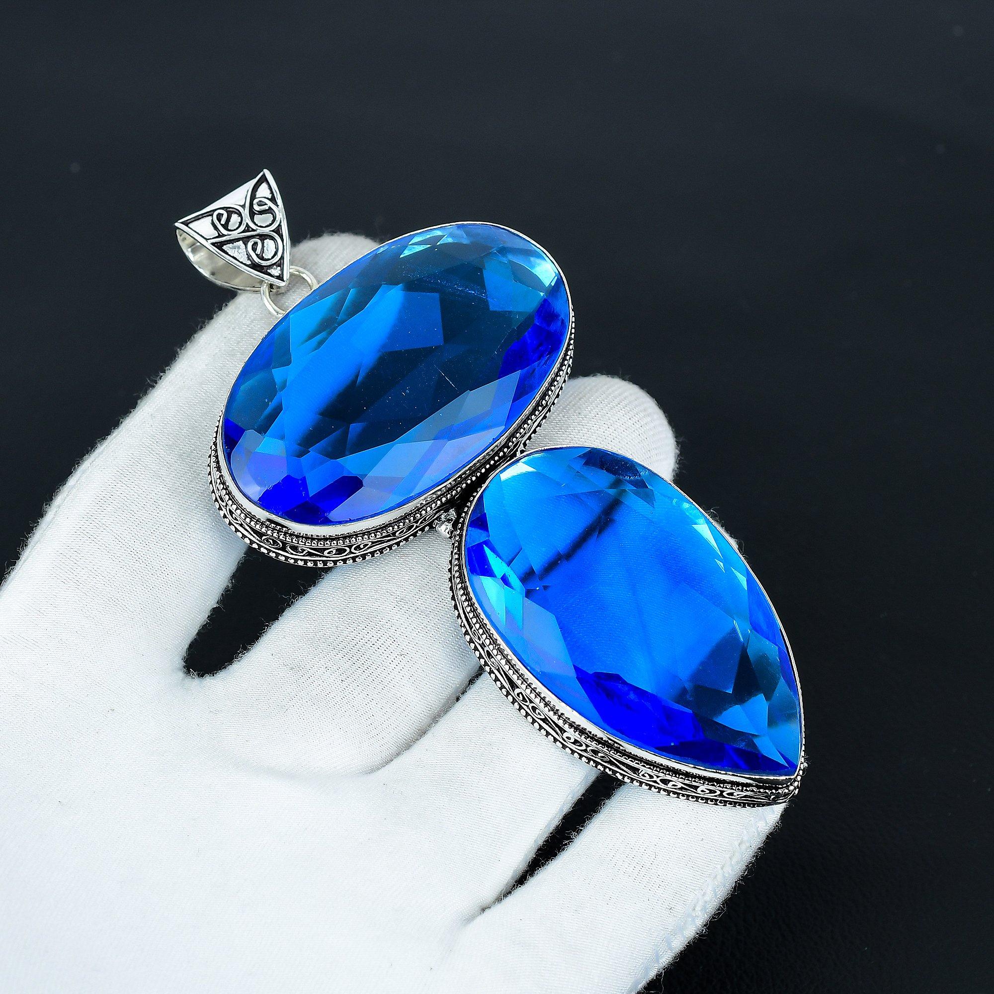 

Изящный кулон из стерлингового серебра 925 пробы ручной работы с драгоценным камнем «Голубой топаз» гигантского размера, Кулон большого размера для подарков, Кулон с двойным драгоценным камнем «Голубой топаз» 2.54 синий