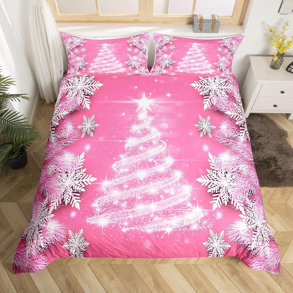 Red Xmas Theme Bedding Set Christmas Tree Duvet Cover Snowflake For Girls Daughter Bedroom Decor Girly Glitter Cover King 3Pcs