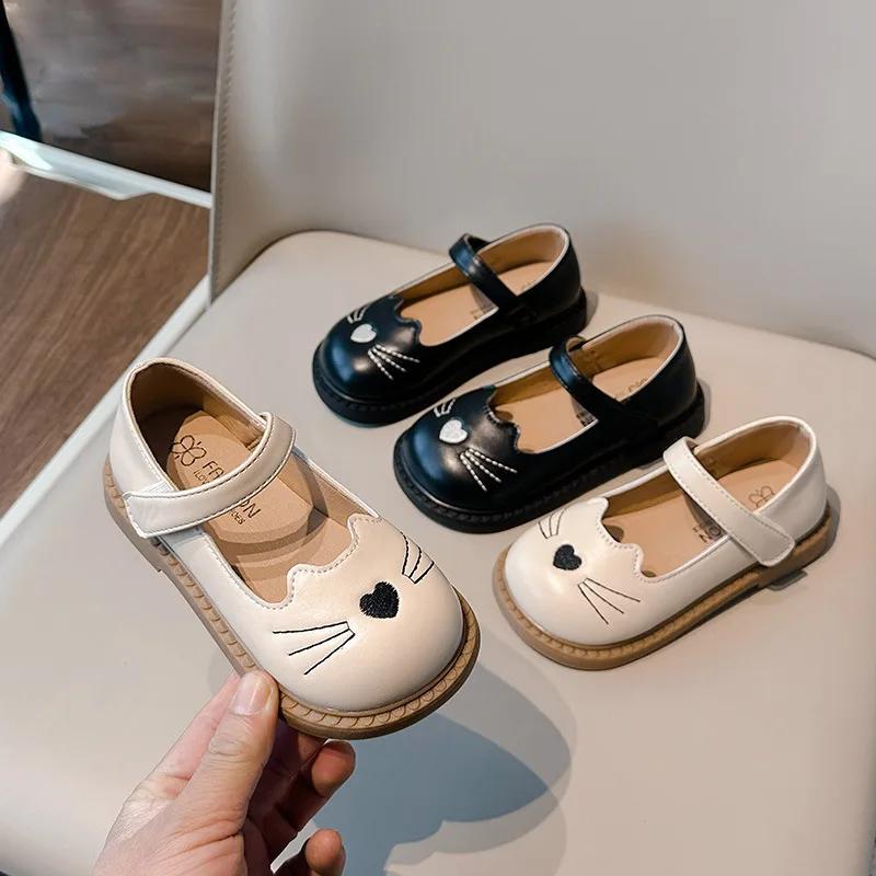 Children Clothing Yulin-001 Girls New Little Leather Shoes Cute Cat Embroidered Children's Flats Fashion Soft Spring Autumn Kids Causal Princess Shoes Cm