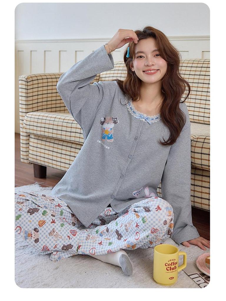 2025 Women's Pure Cotton Pajama Set - Long Sleeve & Pants, with Breast Pads, Loose Home Wear, Spring/Autumn Two-Piece.