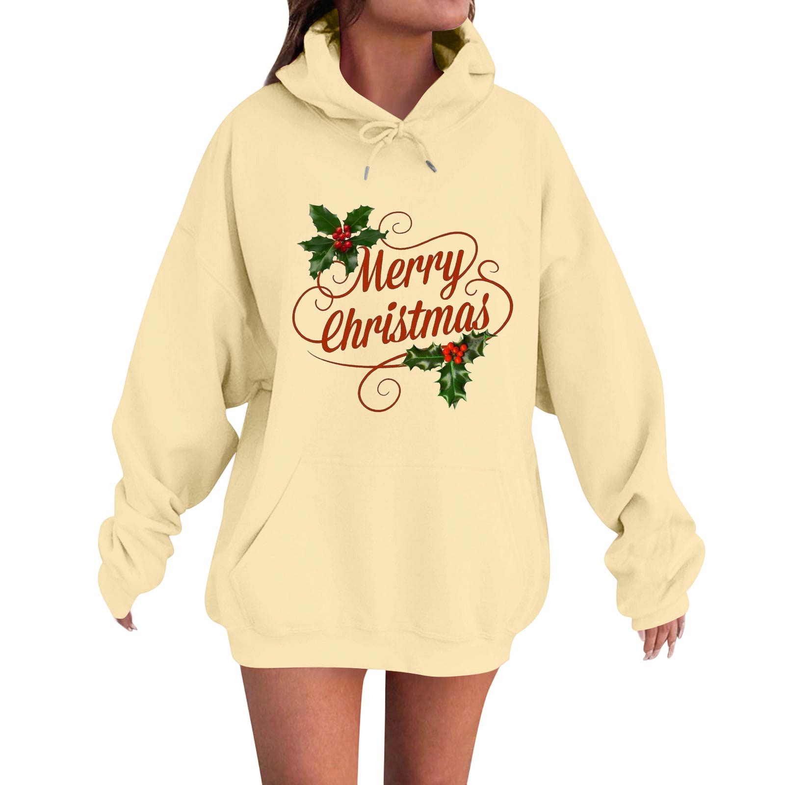 

Women s Fashion Casual Long Sleeve Loose Christmas Print Hooded Sweatshirt XXL бежевий