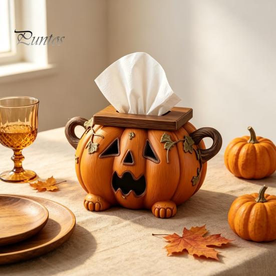 Halloween Party Supplies Pumpkin Tissue Box Holder, Resin Decorative Facial Funny Face Artistic Ornament Cover for Home Office Kitchen Living