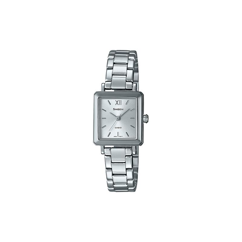 

Casio SHEEN series small square retro square simple and elegant sapphire glass waterproof business quartz movement stainless steel strap SHE-4538D-7A серебряный