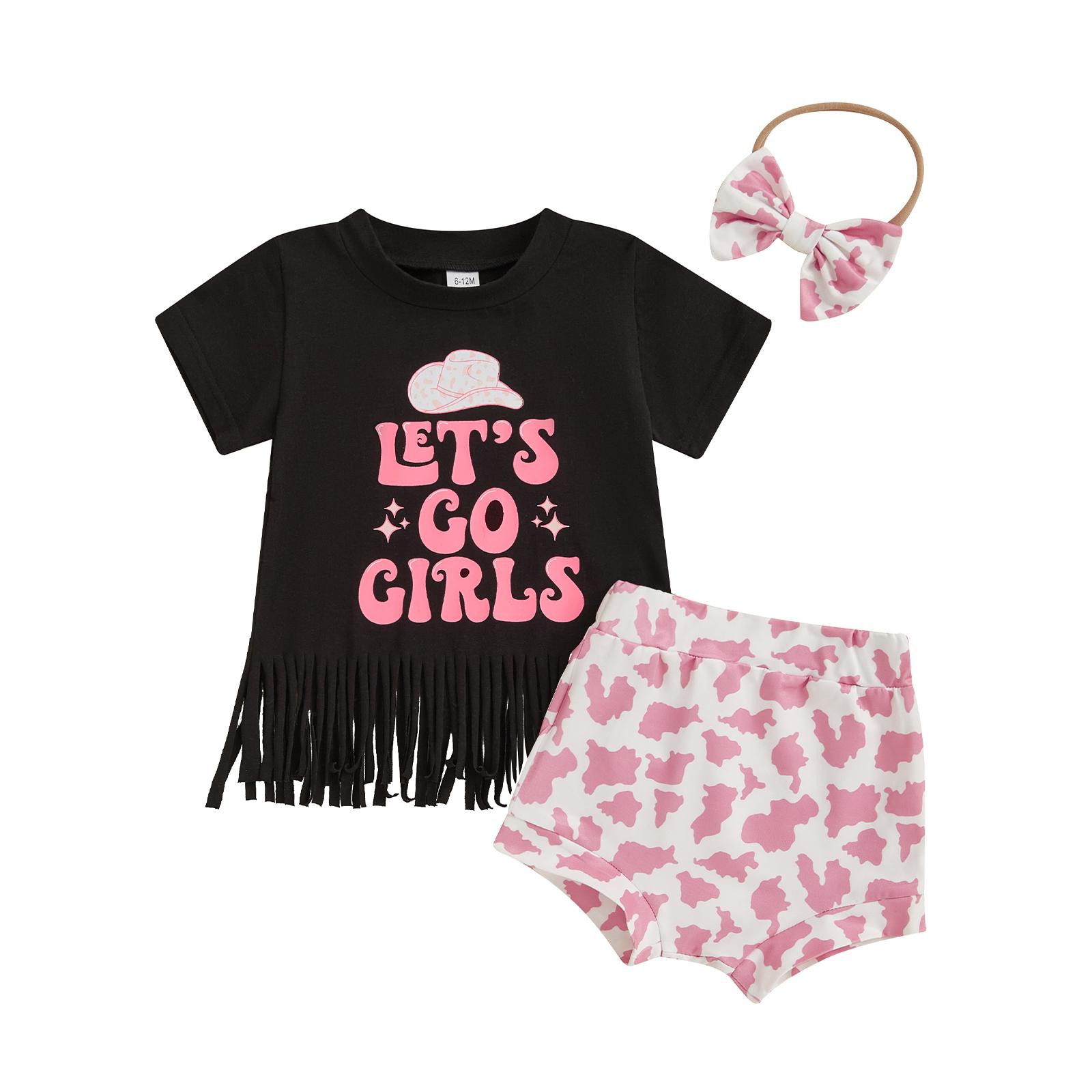 

Baby Girl 3Pcs Summer Outfits Short Sleeve Tassel Tops + Shorts + Headband Set Infant Western Clothes 18-24 Months рожевий
