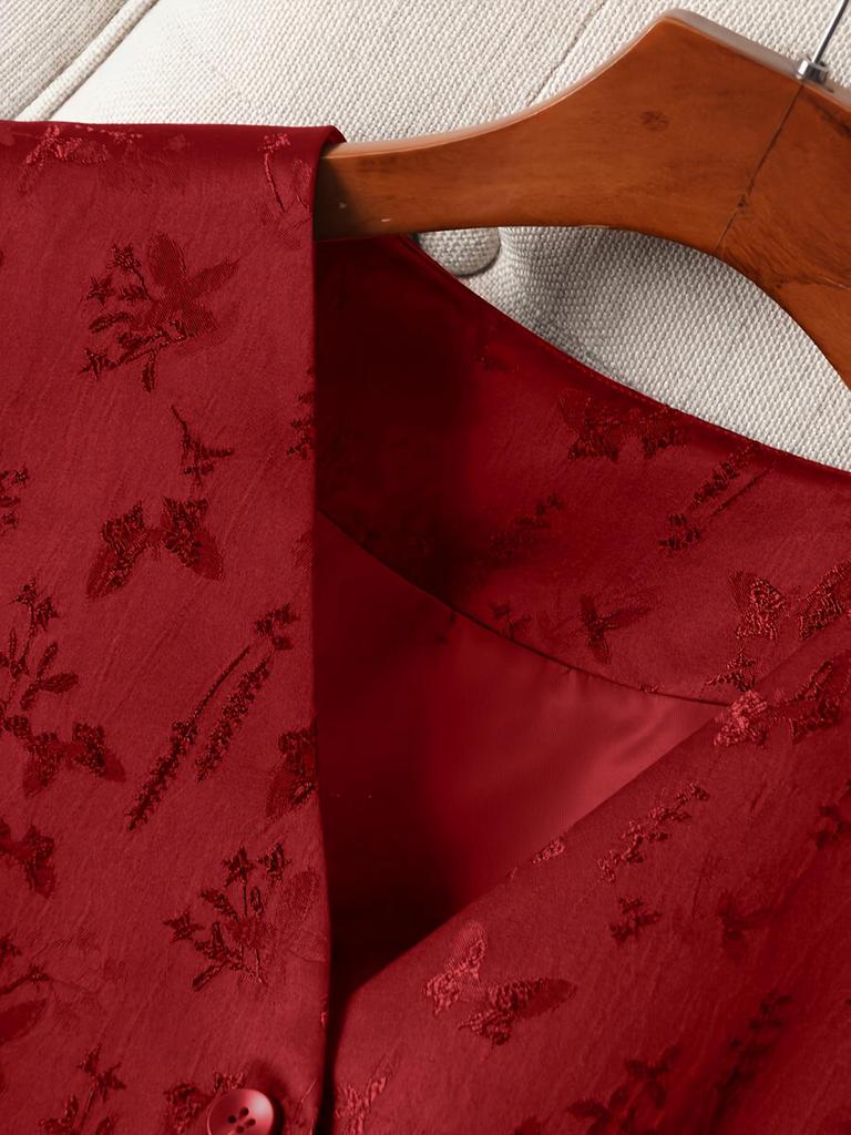 2026 Frühling/Sommer Damen Elegante Florale Jacquard-Weste mit V-Ausschnitt - Große Größen, Einreihige Jacke