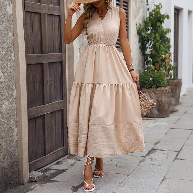 2025 new casual simple style high waist sleeveless solid color dress long skirt waist