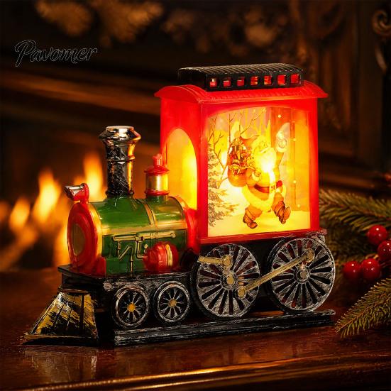 Snowy Christmas Night Ornament Train Snow with Light, Battery Powered Winter Desktop Decor Decoration, Swirling Glitter Decor, Lighted Tabletop