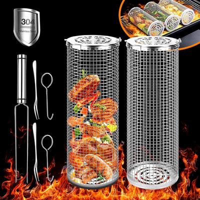 Rolling Grilling Basket, Grill Basket 304 Stainless Steel Large Round Barbecue Baskets, Outdoor Camping BBQ Net Tube for Veggies, Fish, Vegetables