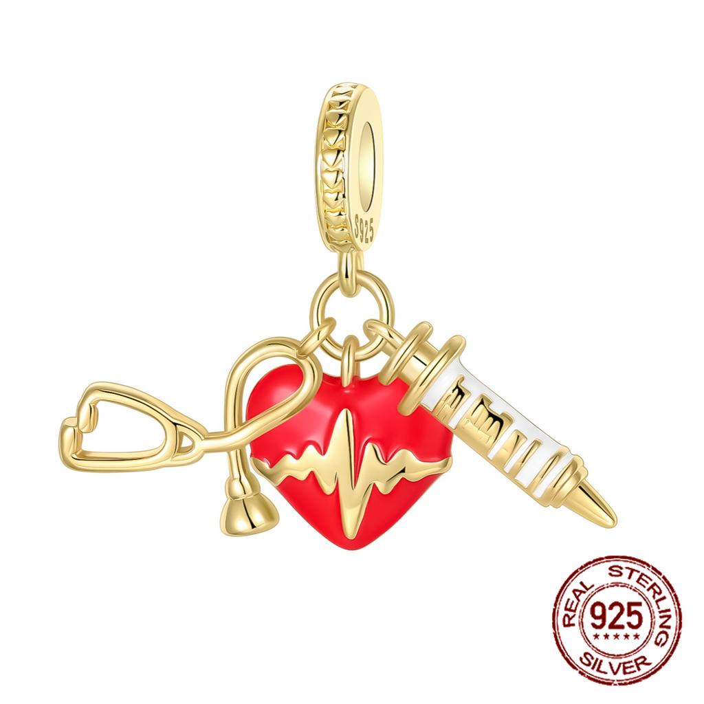 copper Heartbeat Syringe Stethoscope Pendant Charm Compatible With Authentic Charm Bracelets Women Do It Yourself Jewellery Gift
