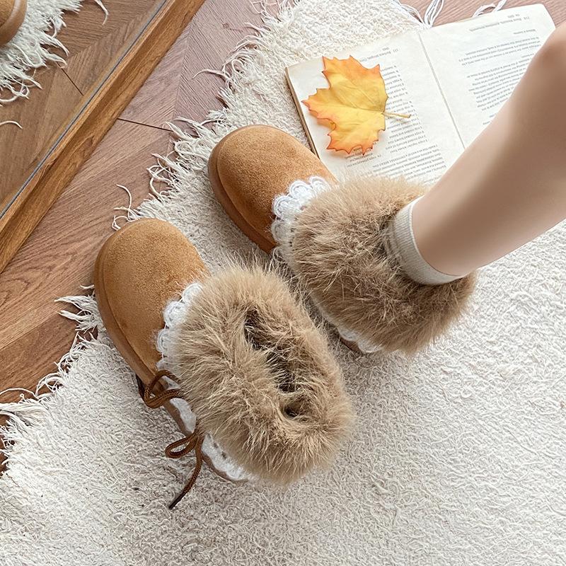 Women's furry mouth lightweight thick sole winter warm one-step snow boots lined with fleece non-slip wear casual sports cotton boots