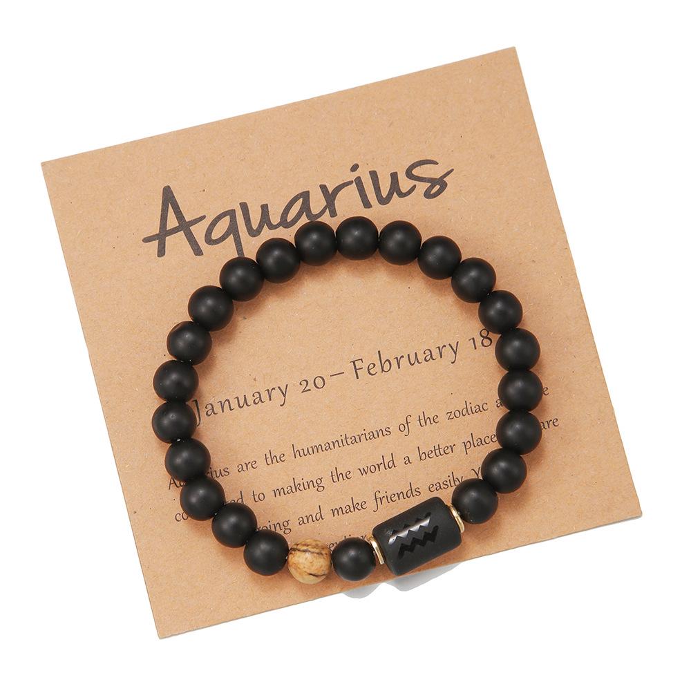 Black Matte Agate Beaded Bracelet with Zodiac Signs - Elastic Buddhist Couple Design