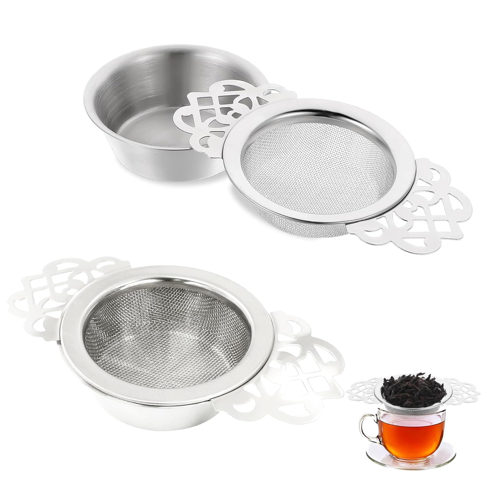 

PAVIKE Tea Strainers, Set of 2, Stainless Steel Shallow Tea Strainers with Handles on Both Sides, Ultra-Fine Mesh Tea Filters for Tea Leaf Filtering,