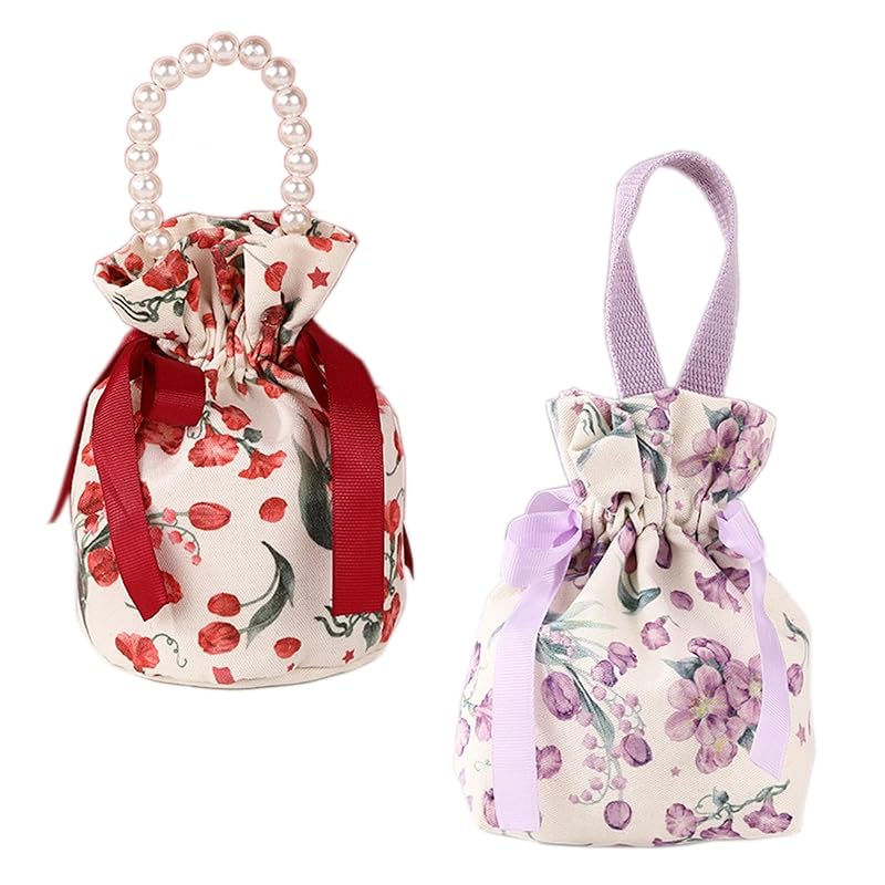 

JK Home drawstring bag 2 pieces set floral pattern made of canvas cute storage trip storage pouch accessory pouch accessory case kimono bag Type E