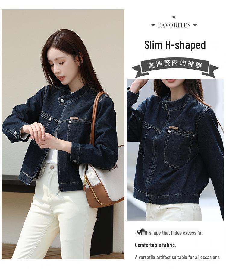 French-Style Distressed Stand Collar Zipper Motorcycle Denim Jacket