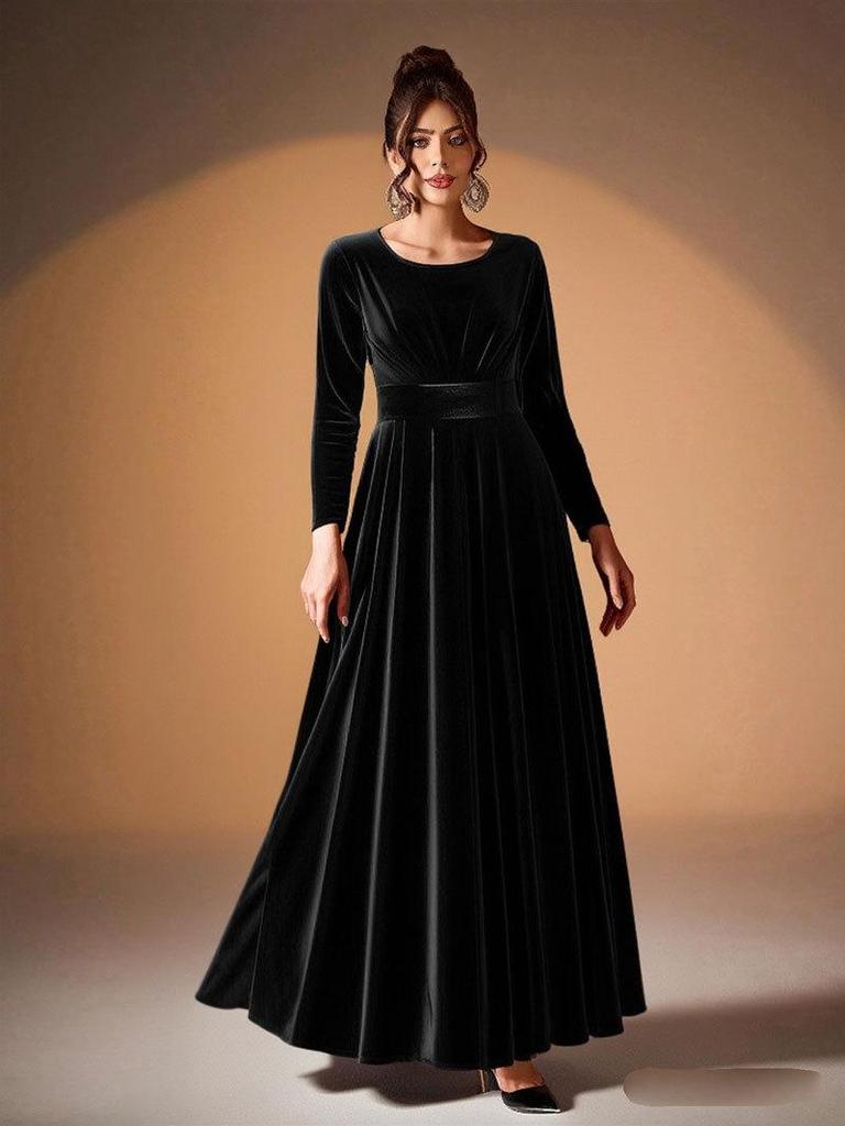 Plus Size Women's Gold Velvet Pleated Evening Gown, Long Sleeve Dress (2026 Collection)