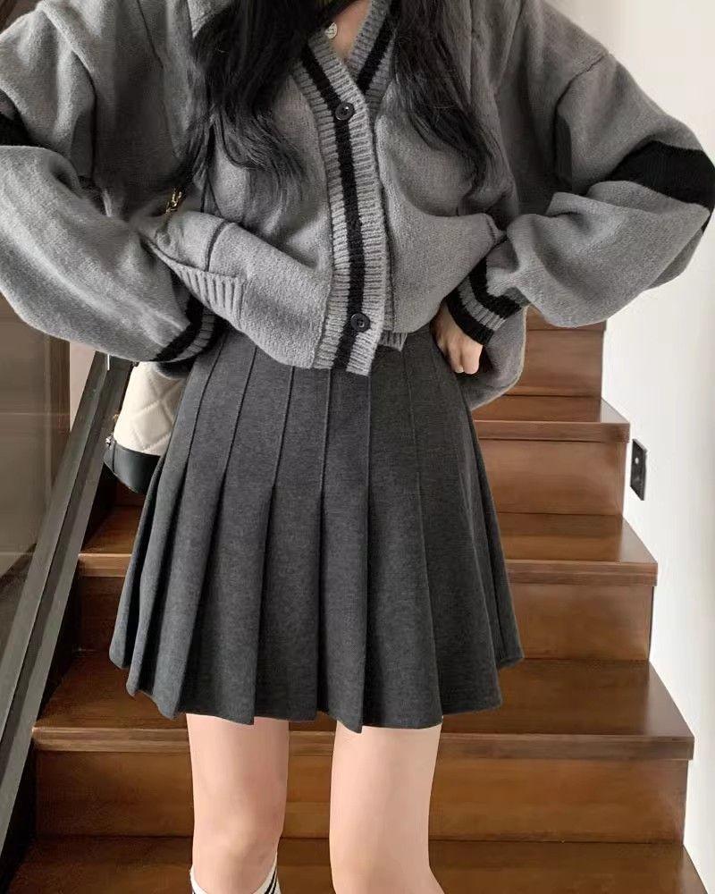 High-Waisted Woolen Pleated Grey Skirt - Autumn/Winter School Style JK Uniform Skirt