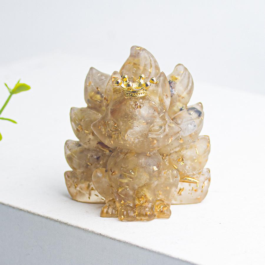 Water Crystal Decorative Figurine With Crown Nine Tails Fox For Modern Desk Display