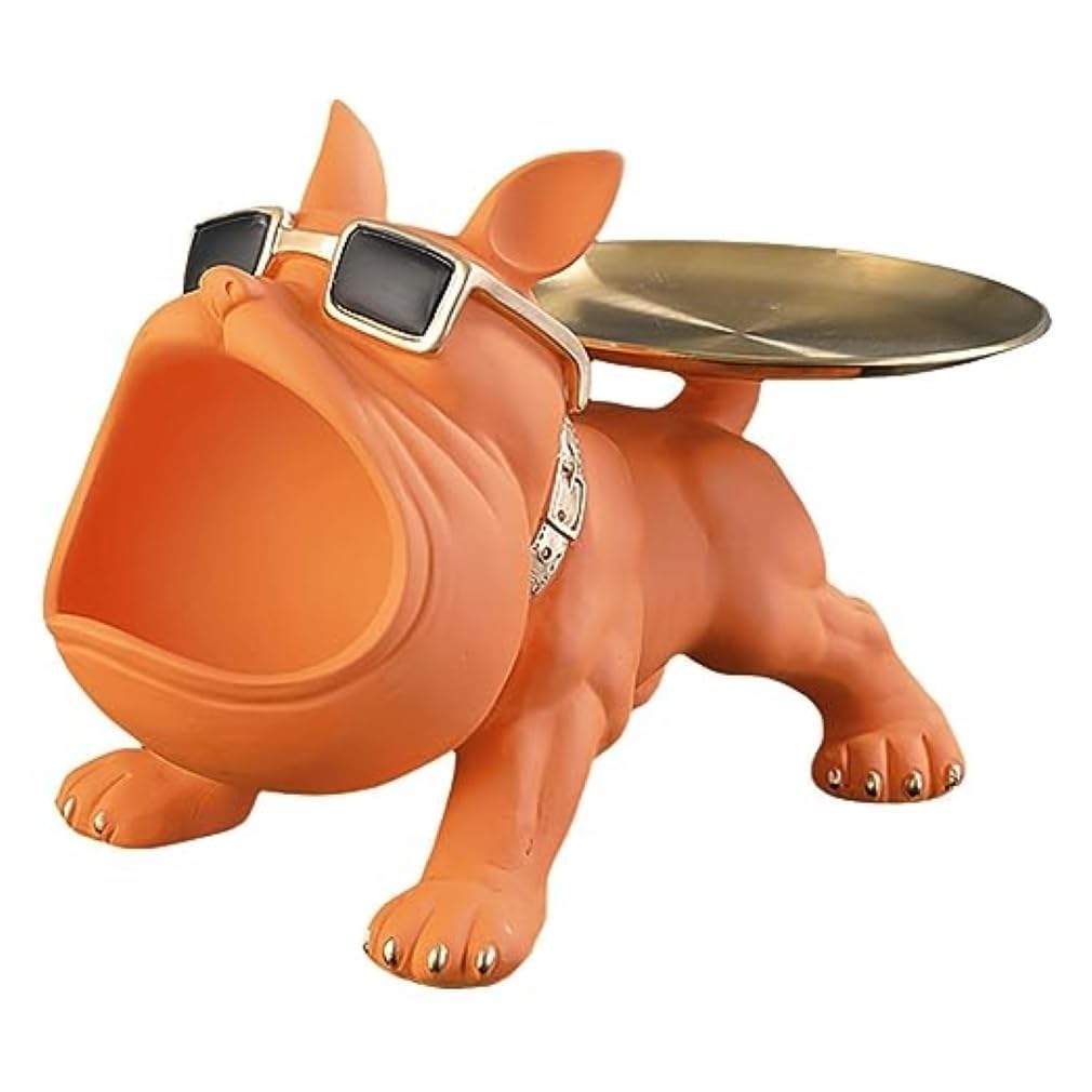 Bulldog Storage Butler Sculpture, Handcrafted Resin Sculpture, Orange Color