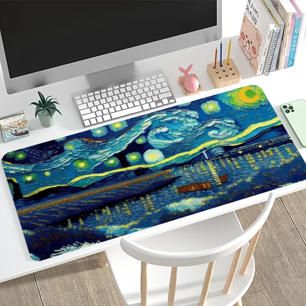 Van Gogh Starry Night Print Large Desk Mat Non Slip Gaming Mousepad Stitched Edge Art Keyboard Mat For Laptop Pc Office Game Use