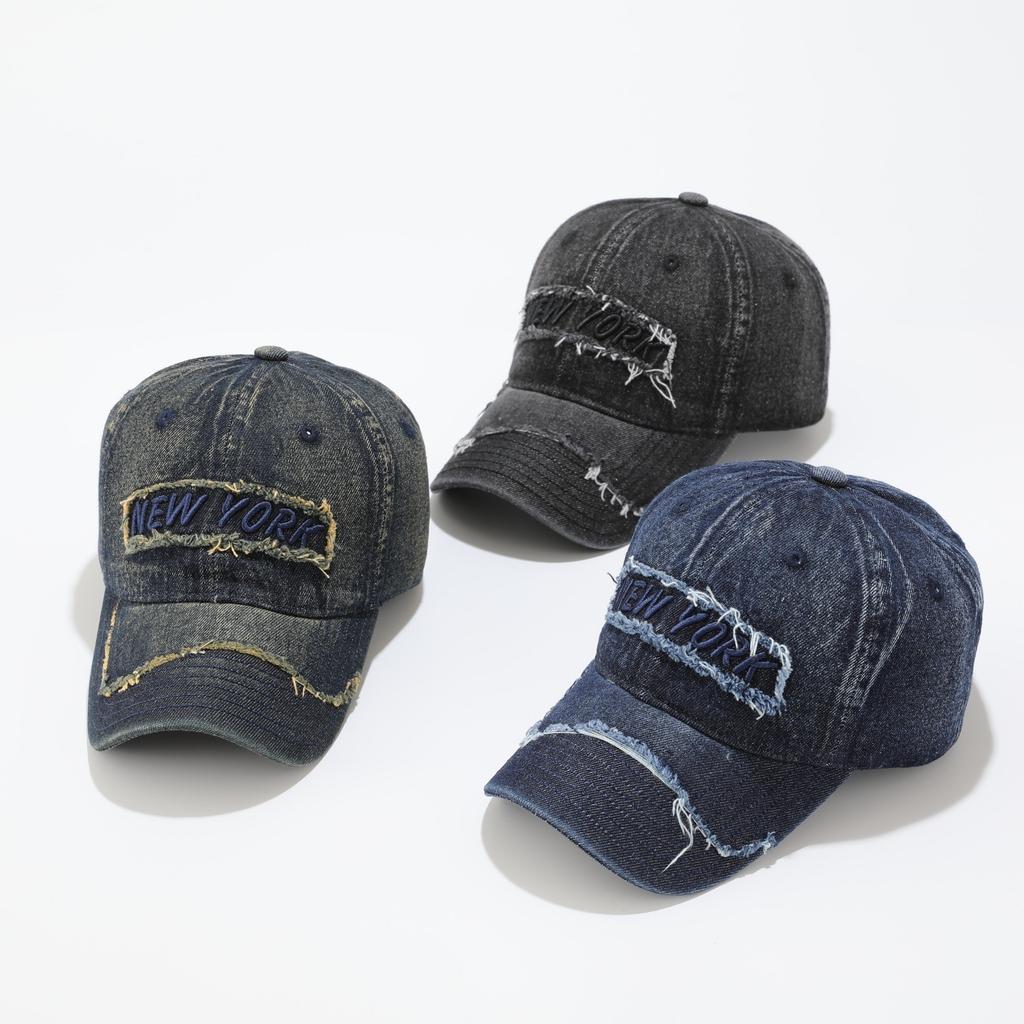 Vintage NEW YORK Ripped Washed Denim Baseball Cap Male Heavy Industry Couple Face Small Sunscreen Cap