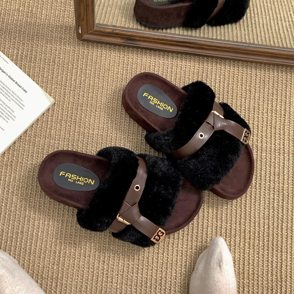 Internet Celebrity White High-end Thick-soled Fluffy Slippers Women Wear 2025 New Autumn and Winter Popular Retro Slippers