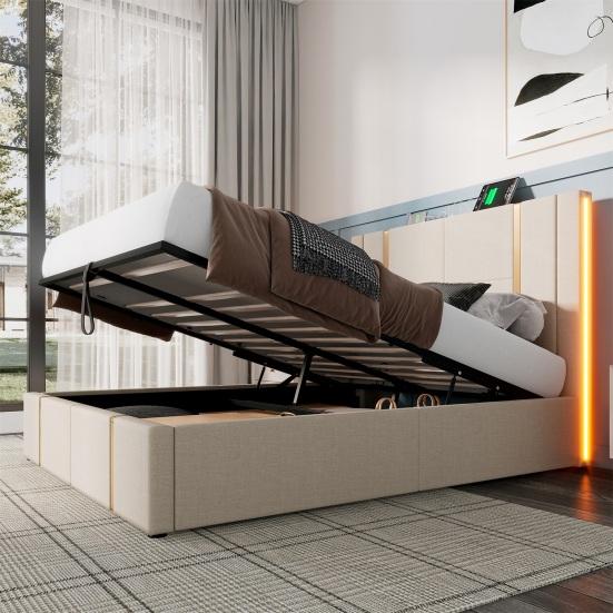 Linen Cover Charging Function Bed with Storage Space Mattress Headboard App Control Strong Wood Slat Support Bed Bedroom Furniture