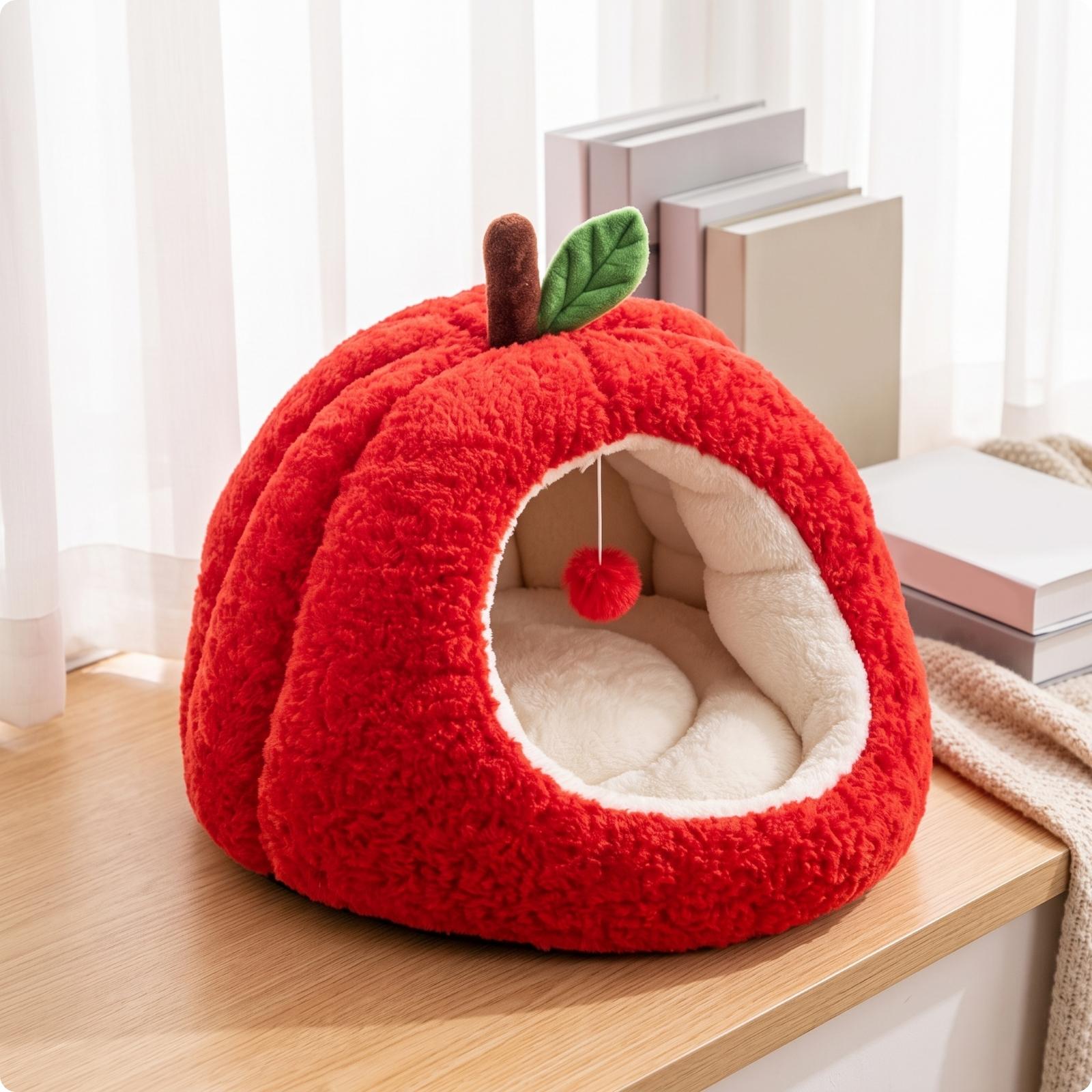 Apple-Shaped Pet Bed Cozy Enclosed Pet