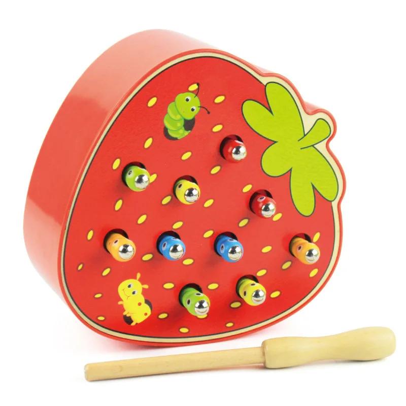 New Baby Wooden Toys 3D Puzzle Early Childhood Educational Toys Catch Worm Game Color Cognitive Magnetic Strawberry Apple