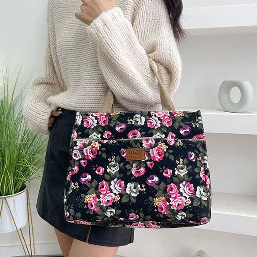 Zipper Floral Print Tote Bag Portable Mommy Bag Portable Canvas Lunch Bag  For Mom