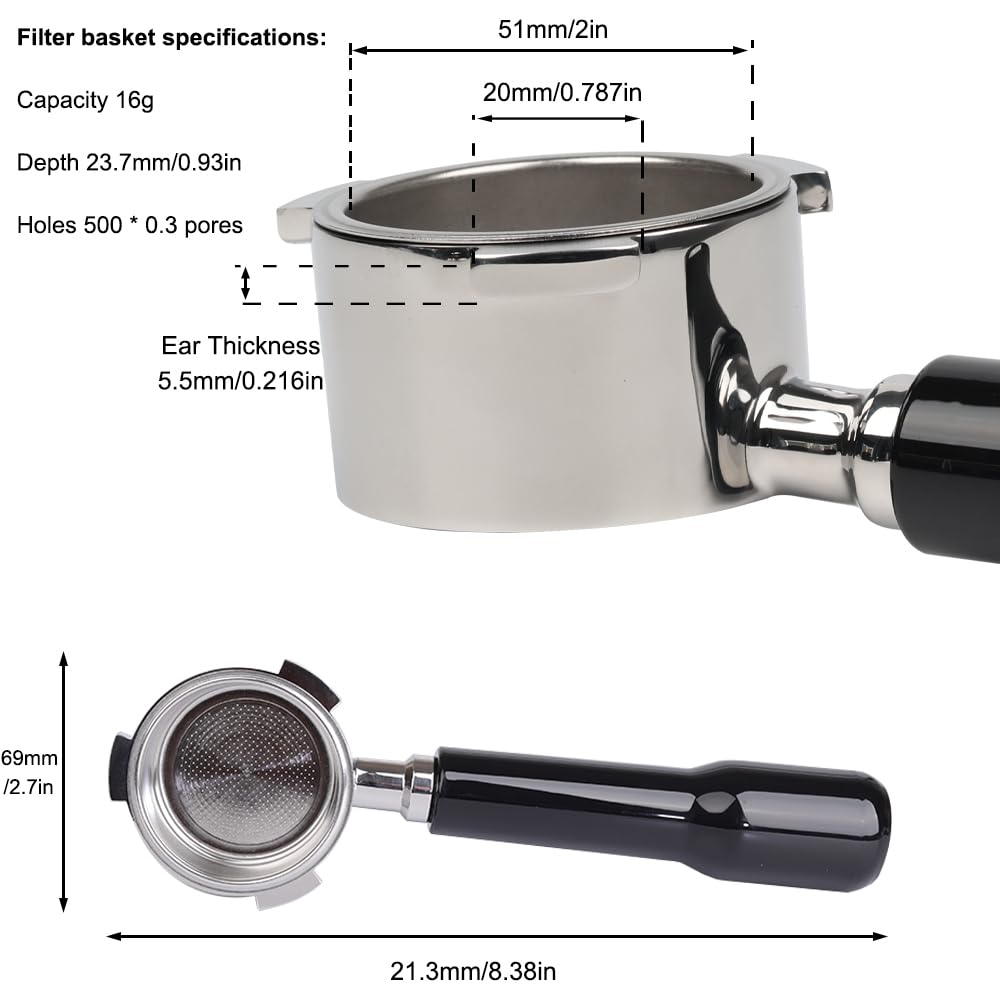 51mm Bottomless Portafilter 3 Year for DeLonghi Dedica EC680/EC685/EC785/EC820/EC850/EC860/EC885 with Double Shot Capacity Cup, Sieve Filter Basket